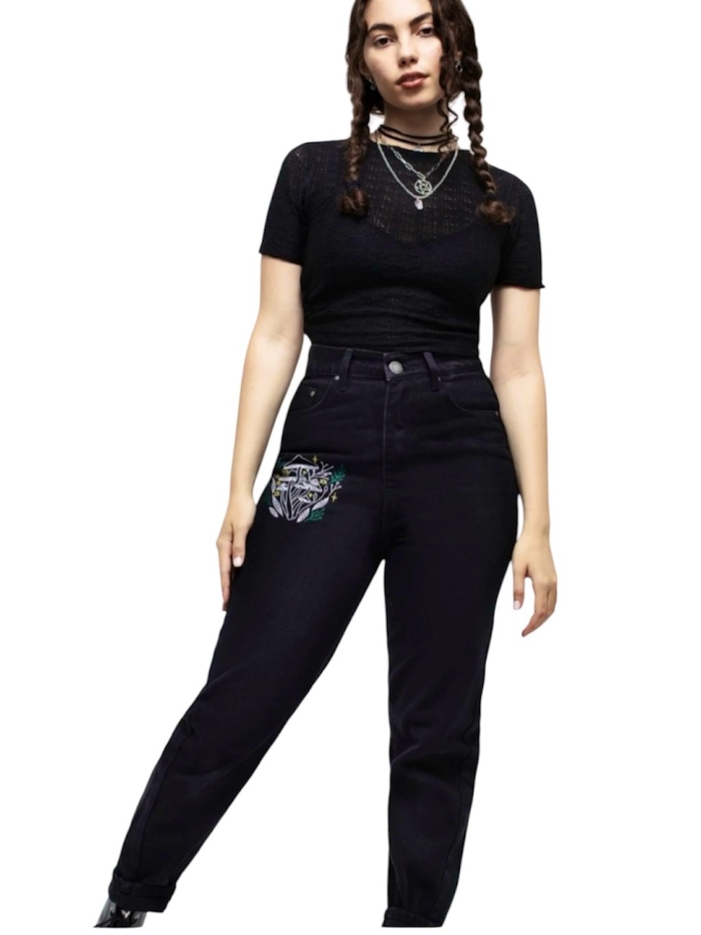 DISTURBIA Goth Embroidered Mycena Mushroom Mom Jeans Black 30 (US 8).
